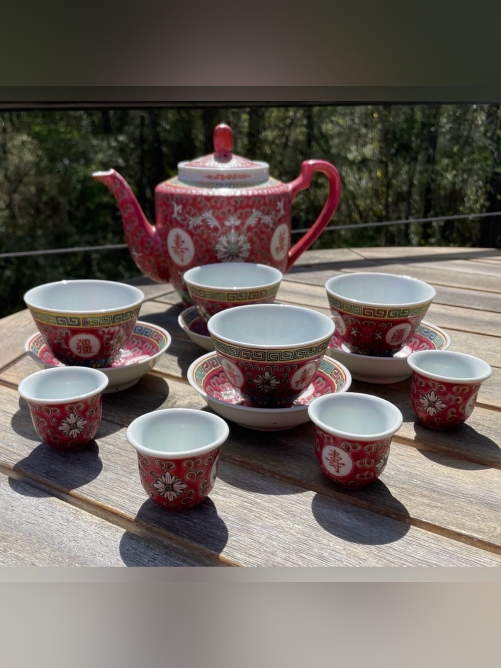 Vintage Jingdezhen Chinese Porcelain Tea Set - Red Mun Shou Longevity - 13-Piece